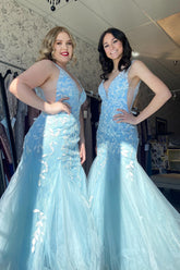 Blue Deep V-neck Tulle Mermaid Long Prom Dress with Appliques